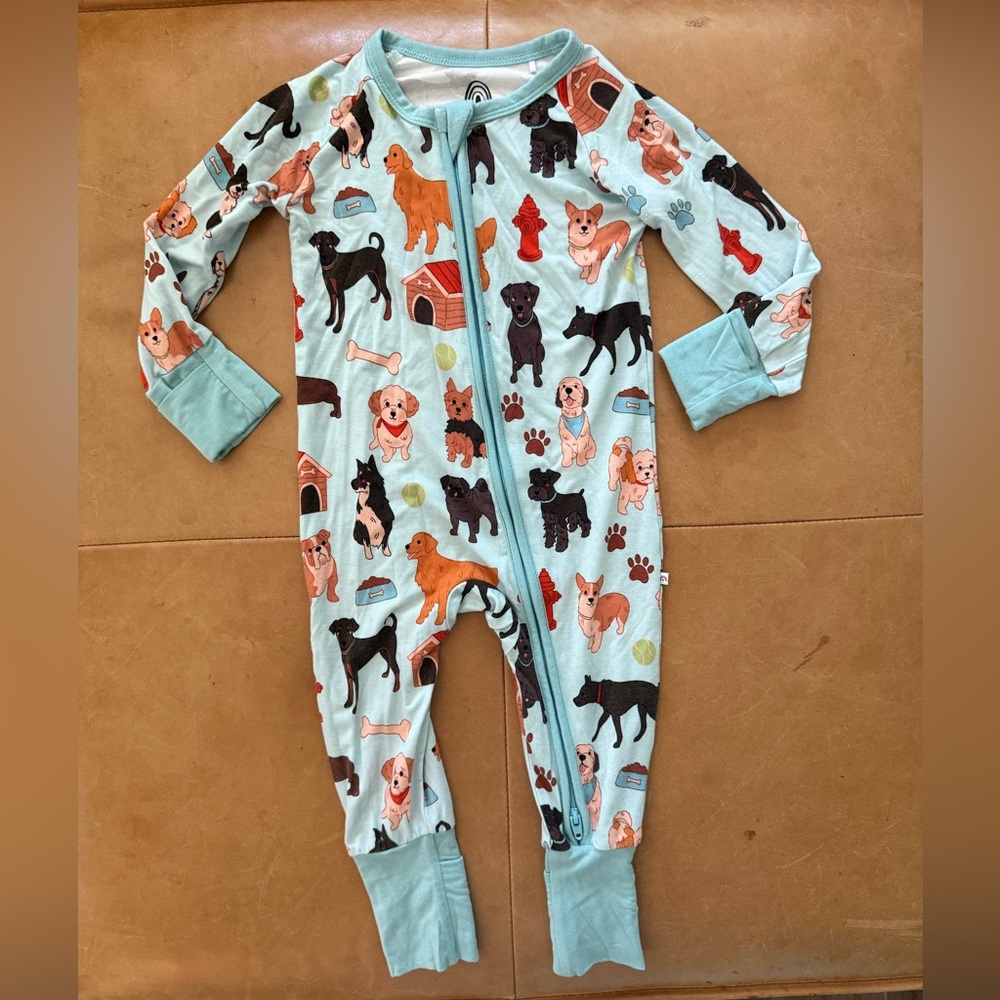 Kids Dog Print Footed One-Piece - Light Aqua